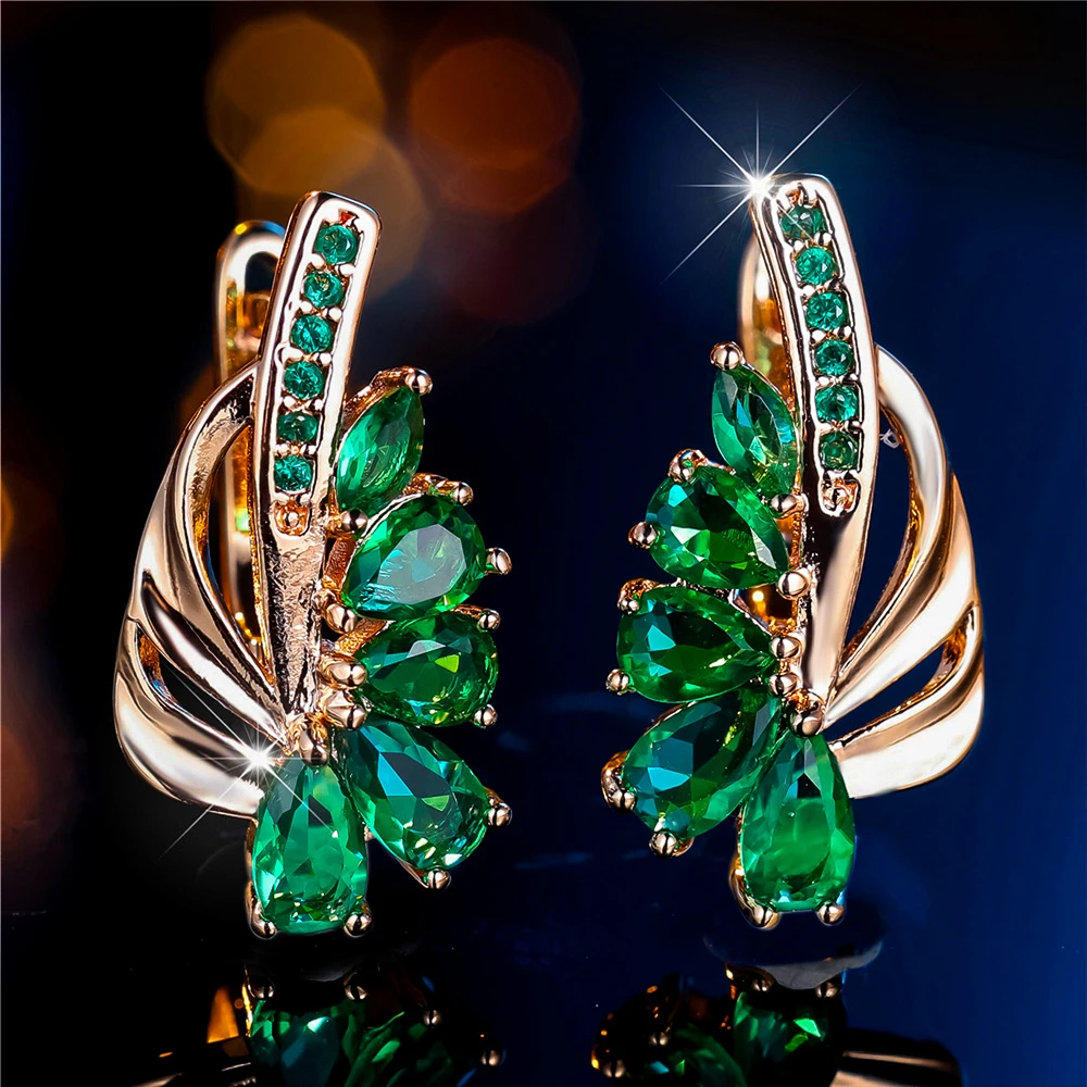 Luxury Female Green Zircon Stone Clip Earrings Charm Gold Color Trendy Wedding Jewelry For Women