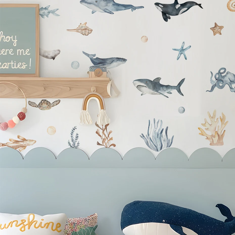 Watercolor Cartoon Sharks Wall Decals Ocean Animal Wall Sticker Under The Sea Marine Life Theme Decals Nursery Kids Room Decor wall stickers luminous wall stickers vinyl decal stickers