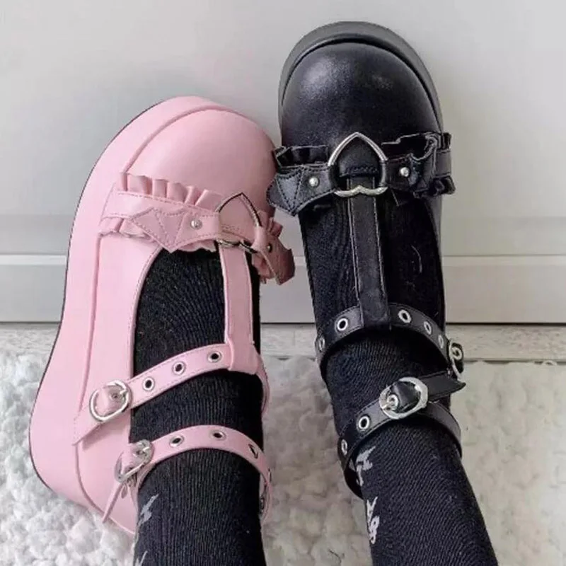 

Brand Hot Sale 5CM Block Heels Buckles Heart Platform Pink Black Gothic Girls Cosplay Lolita Mary Janes Pumps Women Shoes