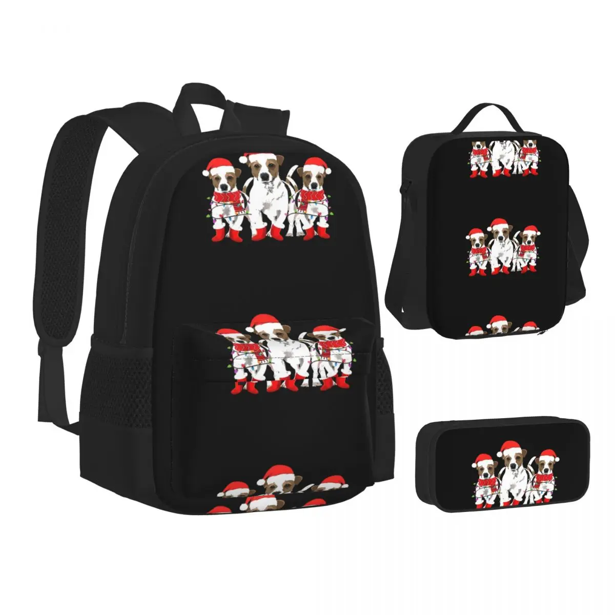 

Jack Russell Christmas Santa Dogs Backpacks Boys Girls Bookbag Students School Bags Cartoon Lunch Bag Pen Bag Three-Piece Set
