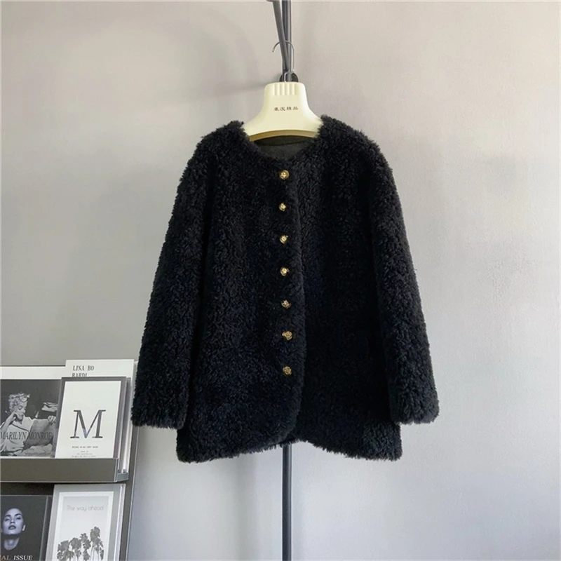 

Women Real Lamb Hair Fur Coat Women Sheep Shearling Warm Mid-Length Round Neck Jacket PT433