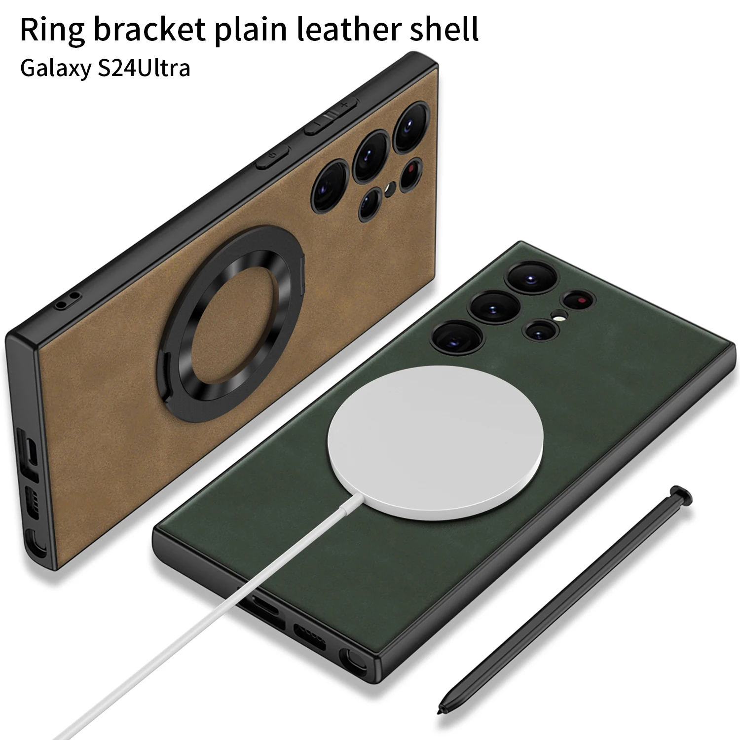 For Samsung Galaxy S24 S23 Ultra Plus Magsafe Case Plain Leather Magnetic Wireless Charging Rotating Bracket Shockproof Cover