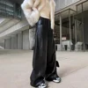 American Retro PU Leather Pants Men's Loose High-End Feelings Black Splicing Wide Leg Casual Pants Vintage Style