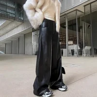 American Retro PU Leather Pants Men's Loose High-End Feelings Black Splicing Wide Leg Casual Pants Vintage Style