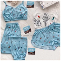 4-pcs Set Sleepwear Women Satin Silk Pajamas Set Summer V-neck Strap Nightwear Pijama Homewear Fox Animal Flower Print Clothes - Image 4