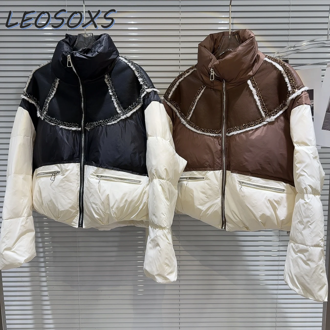 

Winter New Non-Mainstream Style Rhinestone Beaded Raw Edge PU Leather Stitching Hot Girl Warm Jacket Women Cotton Padded Coat