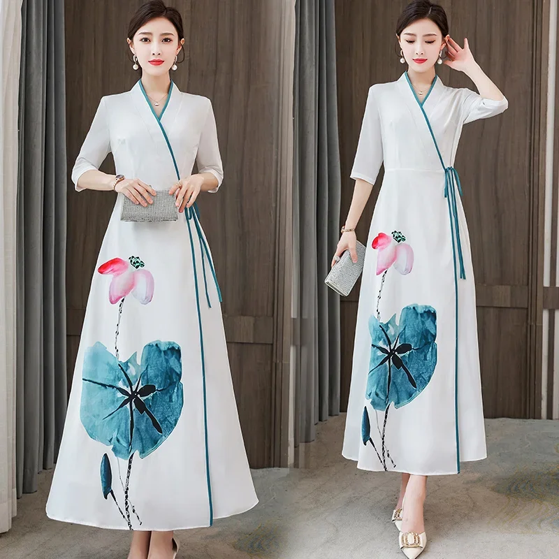 

Chinese Dress Traditional Long Eleganti Slim Oriental National China Costume White Dresses Hanfu Women Harajuku Print Vintage