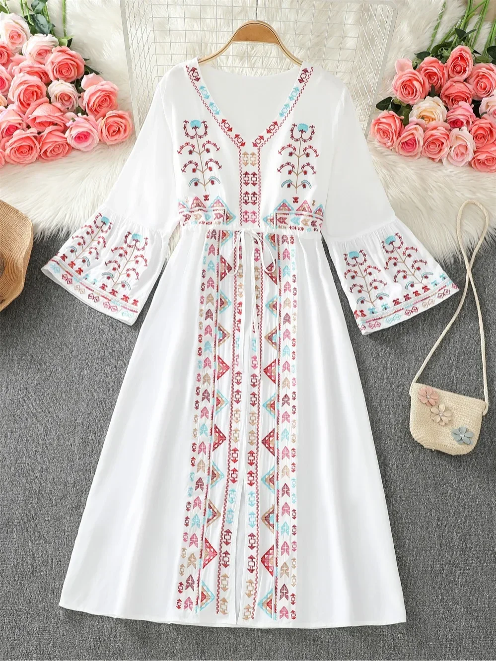 

Boho Ethnic Style Embroidery Holiday Dresses Beach Long Dress V-neck A-line High Waist Flared Sleeves Vestidos Mujer Dropship