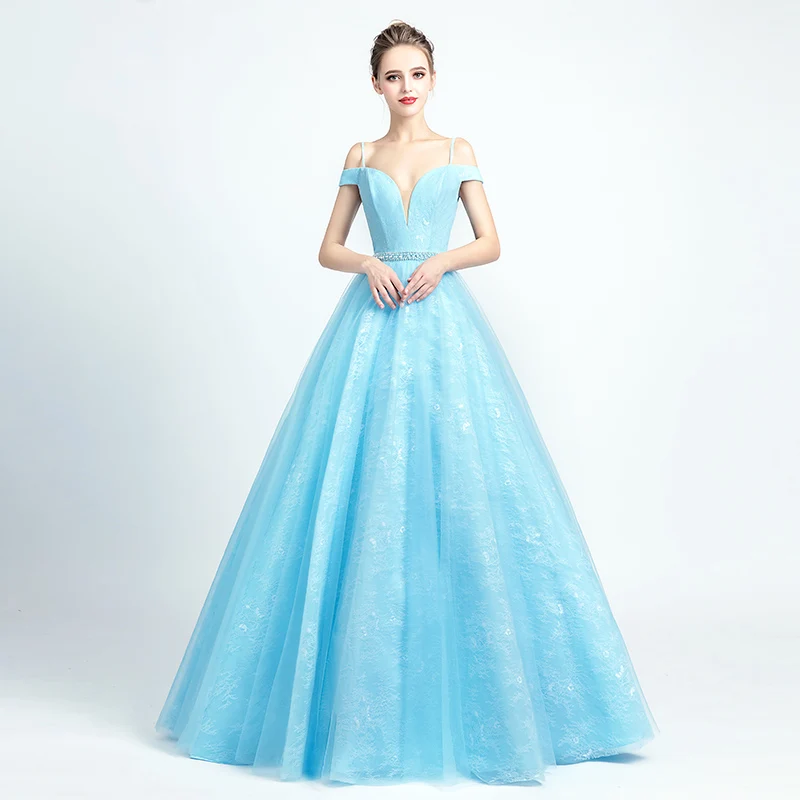 

Sky Blue V Neck Evening Dress Long Sleeveless Ruched Backless Prom Dress Fashion Celebrity Party Gowns Robes De Soirée 5134