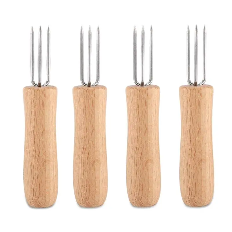 1/3/4 Pieces Corn Holders Stainless Steel Wooden Handle Skewers BBQ Anti Scalding Fruit Forks Outdoor Garden Picnic Cooking Tool