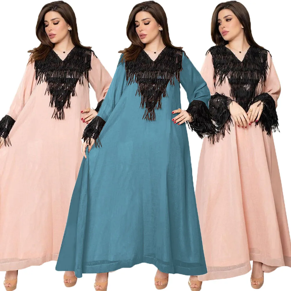 

Evening Dress Women's Moroccan Kaftan Muslim Fashion Tassel Sequins Long Sleeve Abaya Turkey Islamic Clothing Femme Arabic Gown