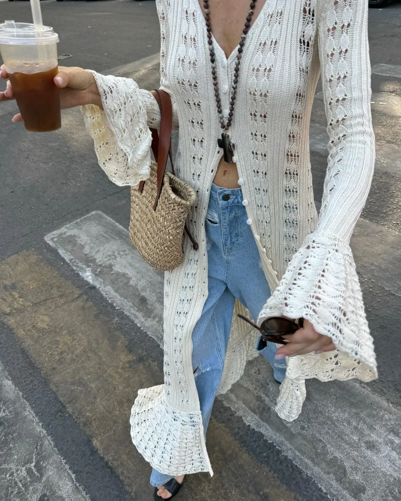 Deep V Neck Long Cardigan Dress - Elegant Hollow Knit Cover Up for Women