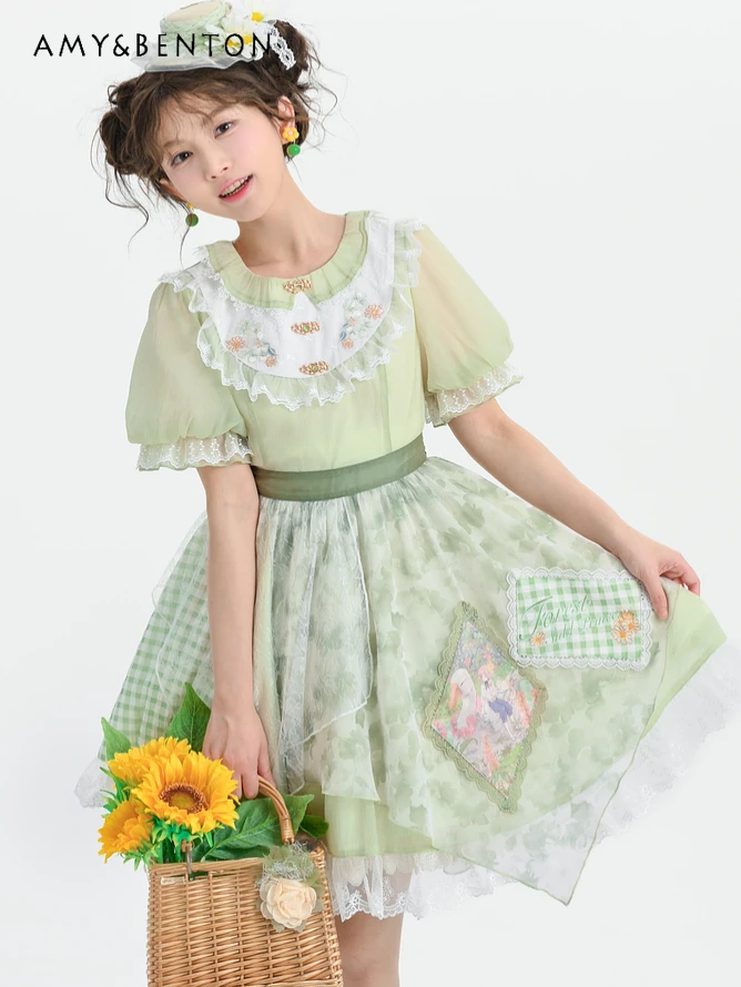 

Pastoral Floral Stitching Lace Peter Pan Collar Mini Dress Daily Mori Style Lolita Dresses Machine Embroidery Patchwork Dress