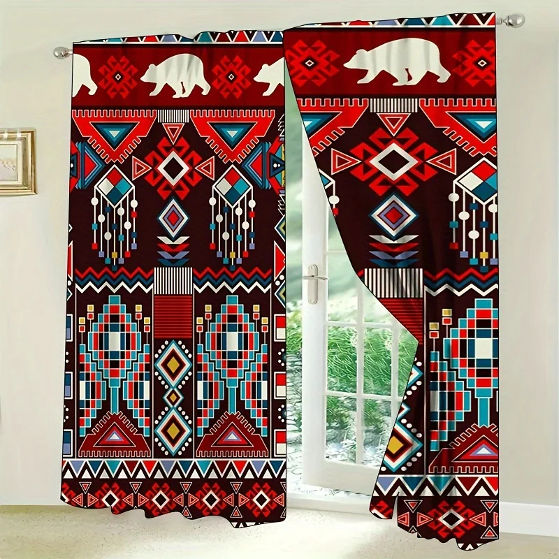 

2pcs Boho Semi Blackout Curtains Ethnic Vintage Patterned Window Drapes Rod Pocket Design For Privacy And Style For Living Room