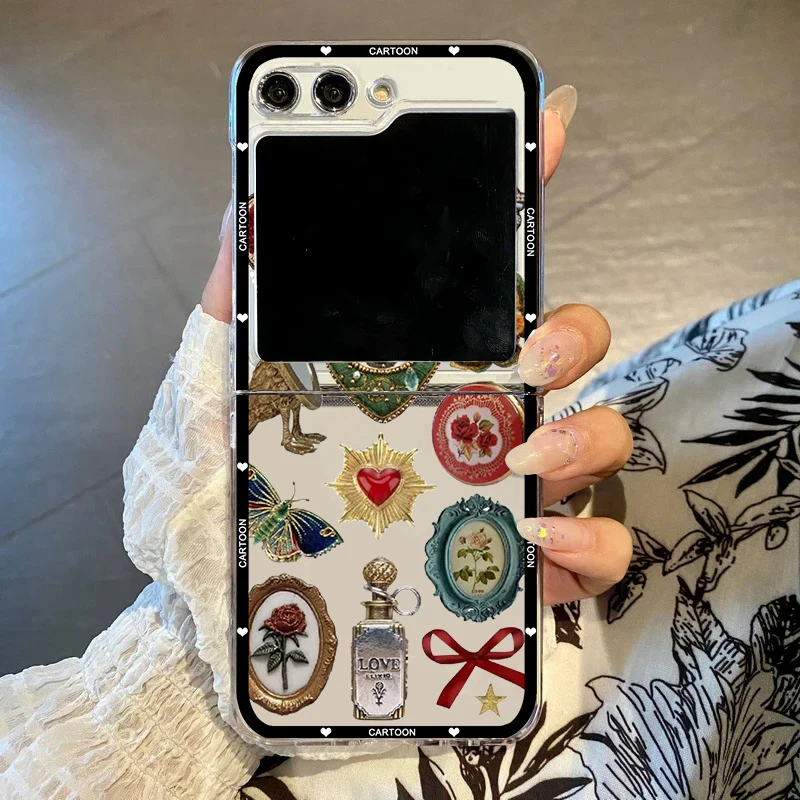Retro Beaded Heart & Flower Pattern Folding Phone Case - Fashion Cocktail Fruit Design, Clear PC Cover