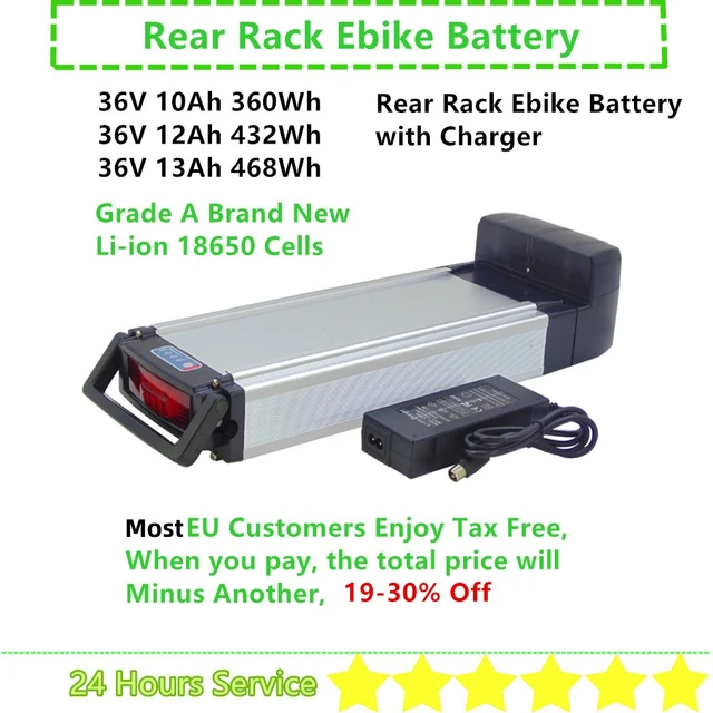 36volt 10Ah 12Ah Rear Rack Carrier Ebike Battery 36V 10/12Ah 13Ah City Bike  Commuter E