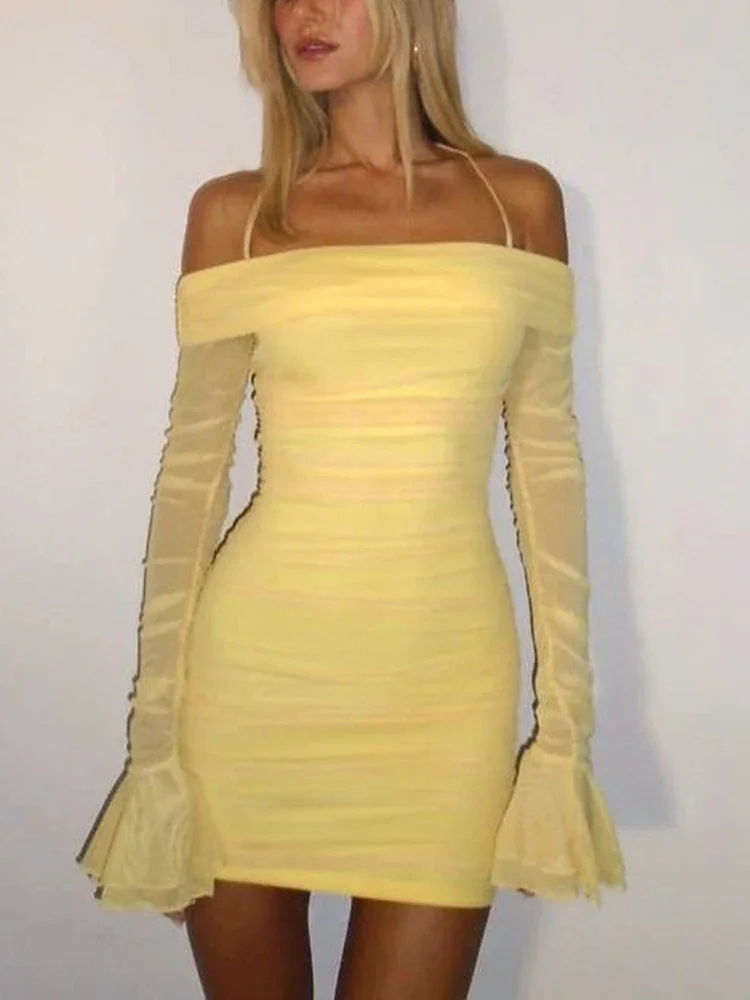 

Sexy Backless Dress Mesh Off Shoulder High Waist Mini Dresses Slim Fit Long Sleeve Woman Clothing 2023 Autumn New Fashion Dress