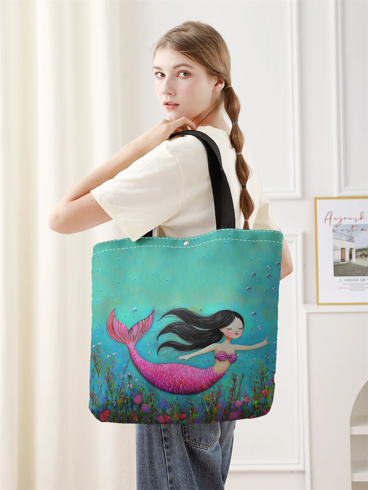 1pc， Mermaid pattern handbag, reusable fashionable handbag, multifunctional handbag, printed canvas shopping bag