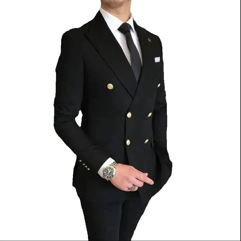 Abiti da uomo doppiopetto con risvolto con visiera Slim Fit 2 pezzi Groomsmen Smoking da sposa Moda maschile Costume da ballo Giacca Pantaloni Set - immagine 4
