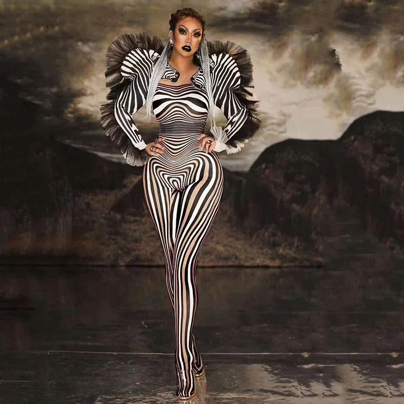 

New Fashion Zebra Pattern jumpsuit Female Singer Sexy Stage Costume Bar DS Dance jumpsuit Performance Show Costume