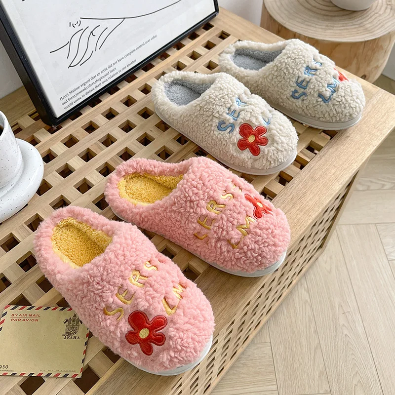 Fuzzy Women Slipper floral Winter Warm Kawaii Plush Contton Indoor Floor Non Slip House Home Men Male Shoes Female 2024 New In