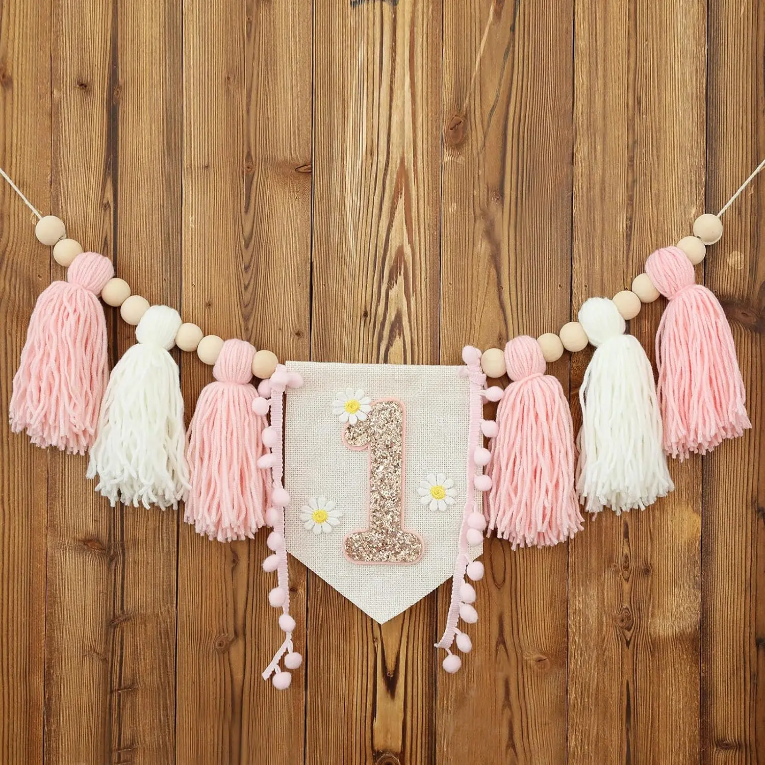 Handmade Daisy High Chair Banner with Wooden Bead Tassel Garland - First Birthday Party Decoration and Photography Prop