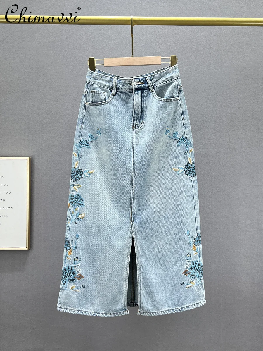 saia-jeans-bordado-feminino-cintura-alta-fenda-quadril-comprimento-medio-elegante-moda-novo-primavera-verao-2022