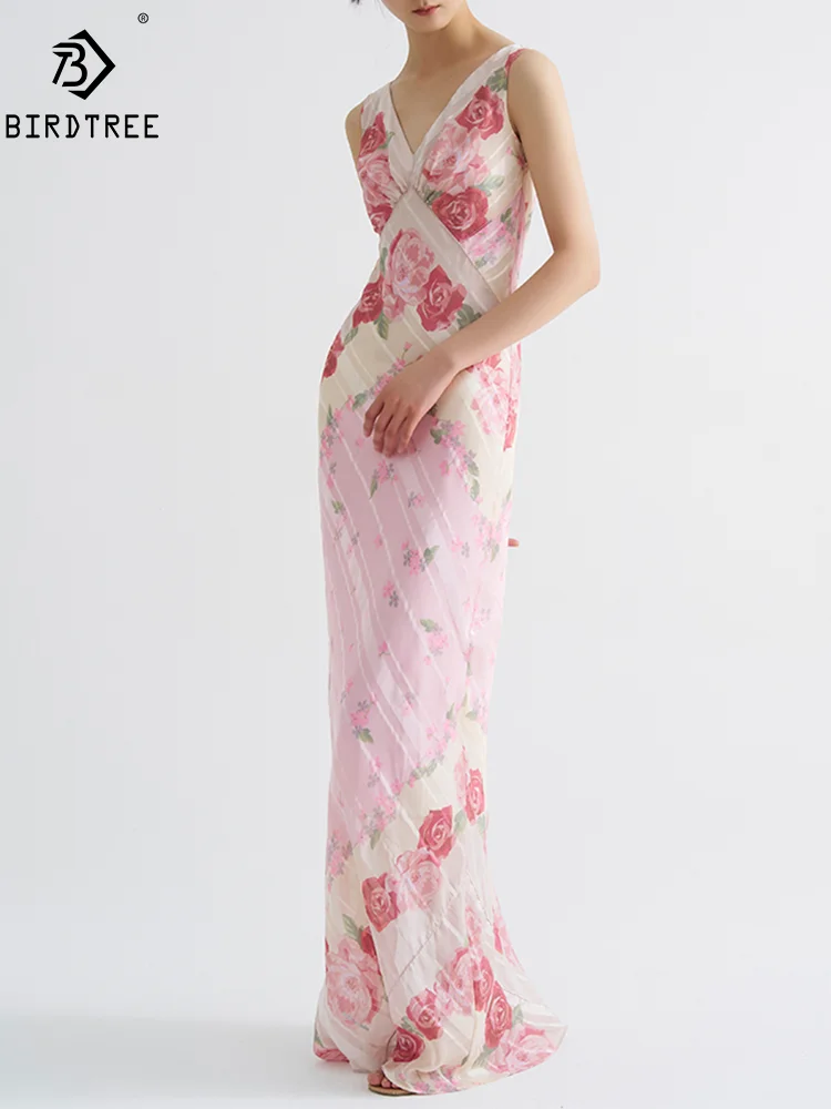 

BirdTree, 100%Real Silk Origin Design Spaghetti Dresses, Women V Neck Floral, Party Retro Slim Dress, 2024 Summer New D45484QM
