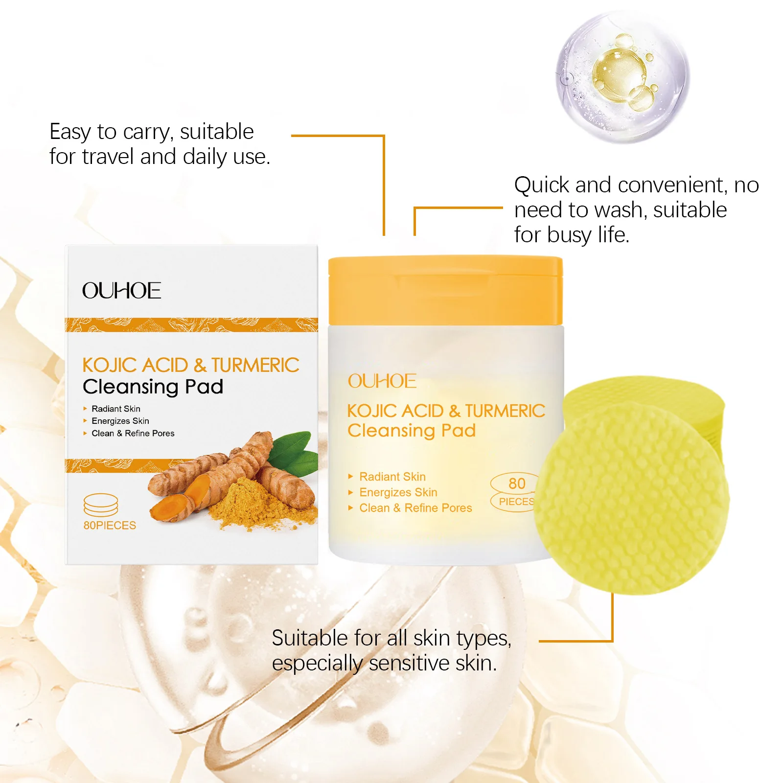 OUHOE Turmeric Kojic Acid Exfoliating Cleansing Pads Fade Dark Spot Oil Brightening Moisturizing Whitening Facial Sponges Cotton 2