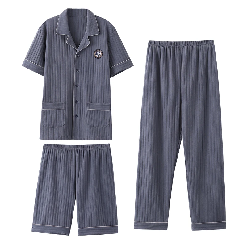 3PCS/Set Male Nightwear Suit Summer Short Sleeve Pajamas Striped Homewear Men Big Yards4XL Cotton Pijama