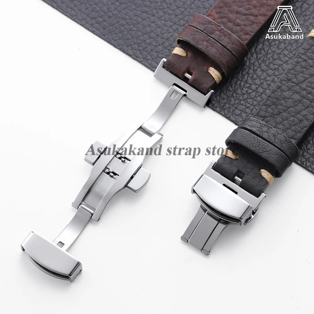 Brown Handmade Stitching Cowhide Leather Watch Band with Butterfly Buckle