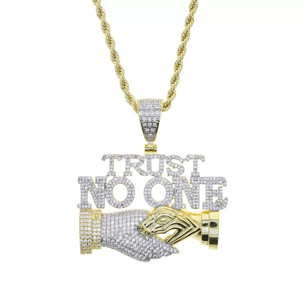 Men Rock Hip Hop Trust No One Pendant Necklace Cuban Chain Hip Hop Iced Out Pendant Necklaces Fashion Punk Jewelry Gift