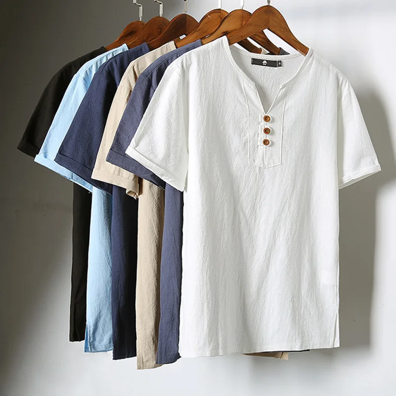 Linen Short Sleeve Loose Fit Summer T Shirt for Men