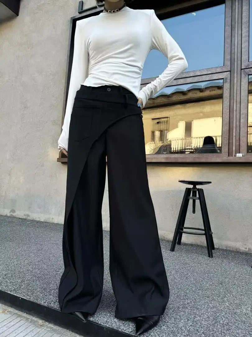 2024 Black Design Wide-Leg Pants Women's Slimming Suit Pant Harajuku High Waist Loose Straight Streetwear Y2k Casual Trousers