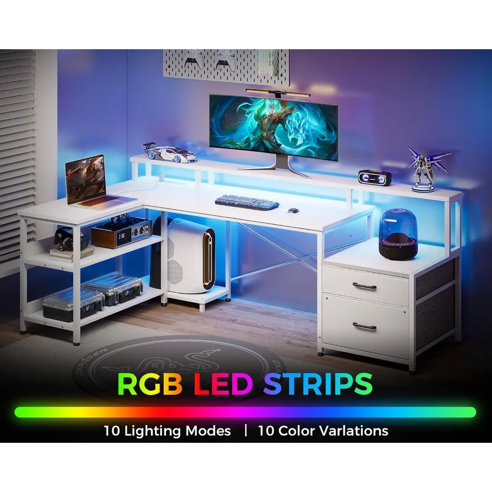 "66-inch reversible l-shaped desk with storage and integrated power outlet & led lighting for home office"