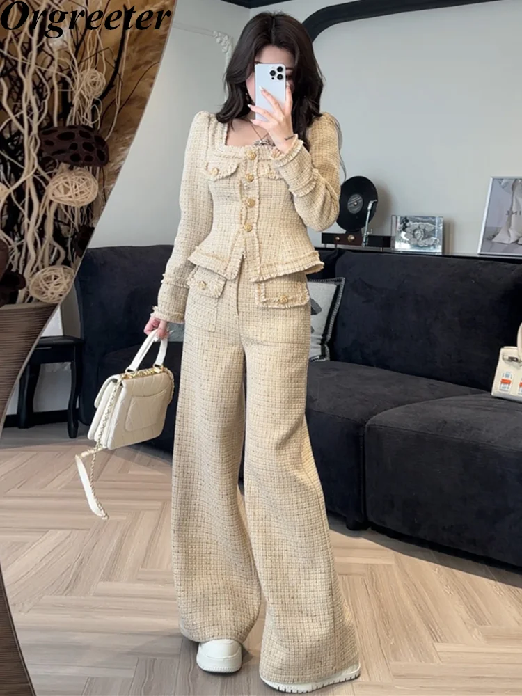 

Temperament Vintage Tweed 2 Piece Set Women Outfit Short Jacket Coat + Pant Sets Streetwear Woolen Trousers Suits