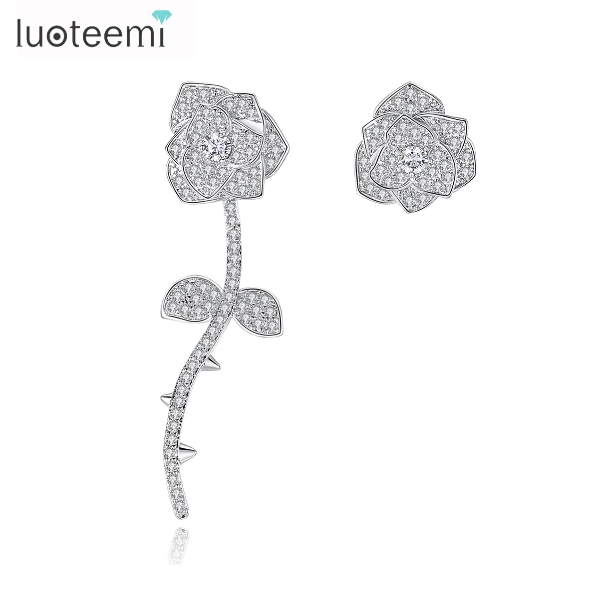 

LUOTEEMI Brand New Elegant Asymmetric Flower Shape Stud Earrings Micro Paved Clear CZ Floral Earring for Girls Christmas Gift