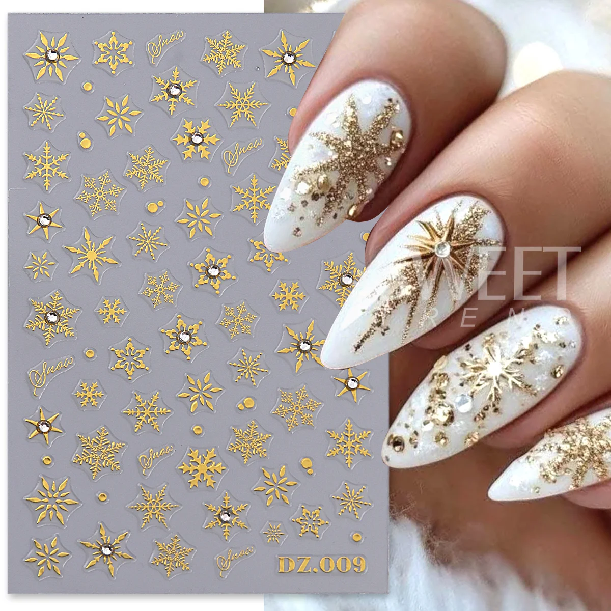 2pcs Bronzing Snowflakes Nail Sticker With Rhinestones Metallic Gold Elk Gems Snowflake Winter Xmas New Year Decor Jewelry Decal
