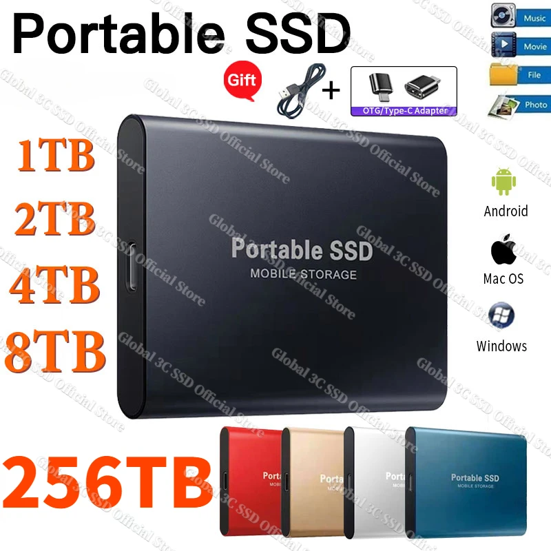 

Portable SSD 1TB 2TB High-speed Mobile Solid State Drive 64TB External Storage Decives Type-C USB 3.1 Interface for Laptop/ Mac