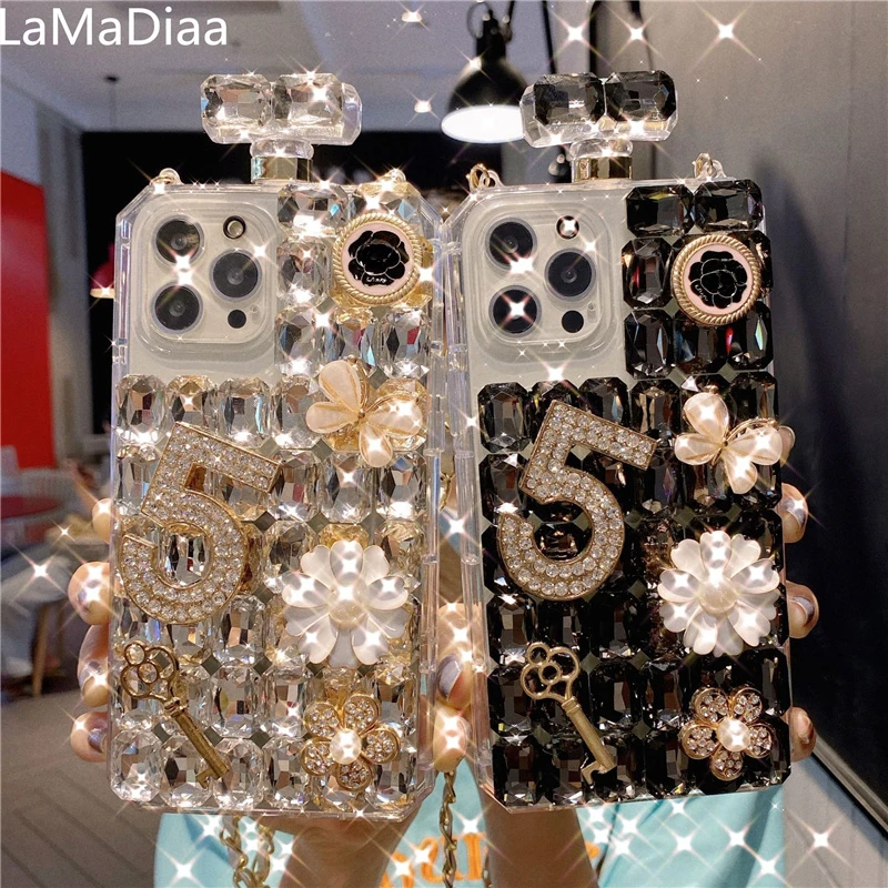 

Luxury Bling Crystal Diamond Chain Handbag Perfume Bottle Lanyard Case For iPhone15 14 11 12 13 Pro XR XS MAX 7 8Plus Phone Case