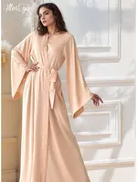 Floor Length Bridal Kimono Beige Silk Dressing Gown Long Satin Robe for Brides Bridesmaid Robes Handmade Lingerie Boudoir Kimono - Image 3