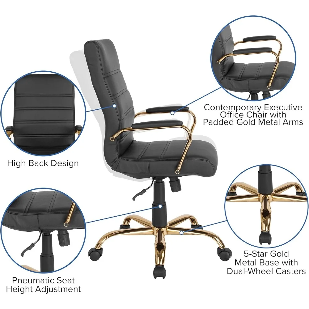High Back Black LeatherSoft Executive Swivel Office Chair with Gold Frame Arms 4