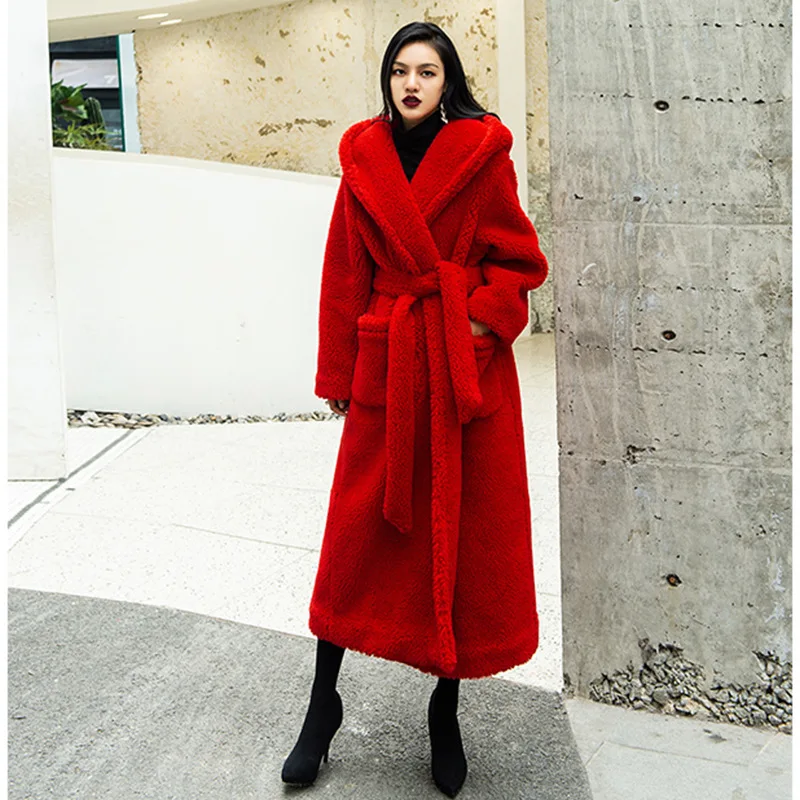 New Faux Fur Coat Women Warm Long Fur Coats Fluffy Jacket Luxury Brand Pockets Suit Collar Lace-up Chic Robe Solid Long Sleeve