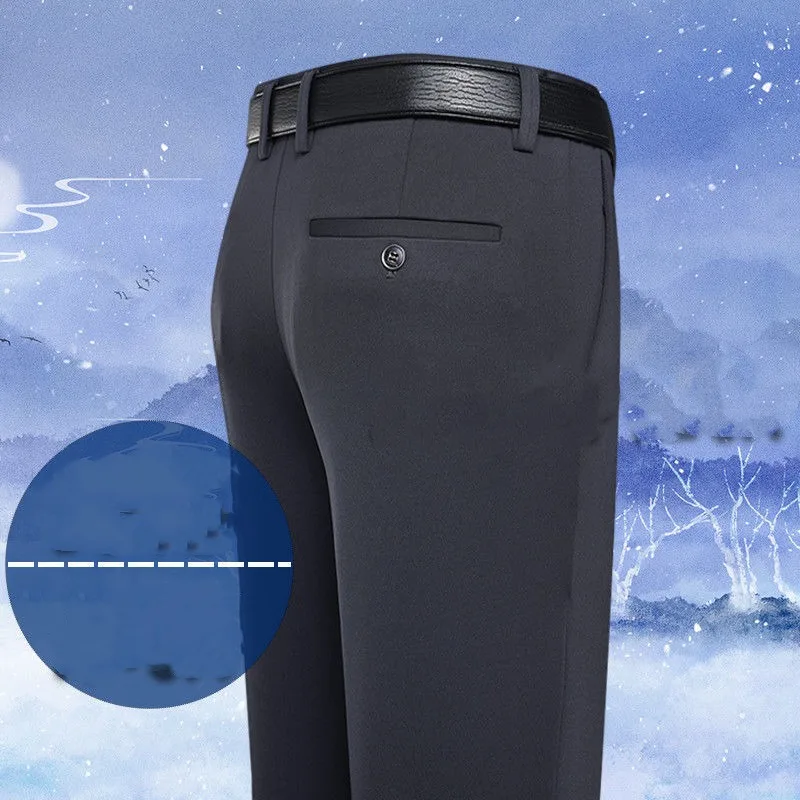 Spring Autumn Men's Clothing Business Casual Elastic Breathable High Waist Thickened Trousers Polyester Straight Leg Pants