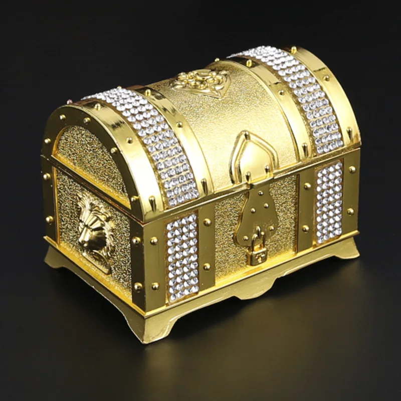 Classic Treasure Chest Jewelry Storage Box Zinc Alloy With Zircon Keepsake Gift Case For Ring Earrings Necklace shiny zinc crystal studded lady shoe trinket box high social heels shoe trinket jewelry box crystal shoe ring holder