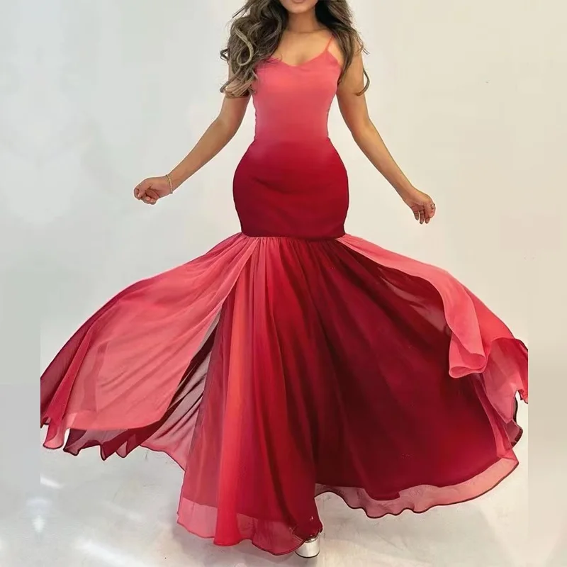 

Fashion V-neck Sleeveless Strap Party Dresses 2023 New Women Sexy Hollow Slim Long Dress Elegant Patchwork Split Mermaid Dress
