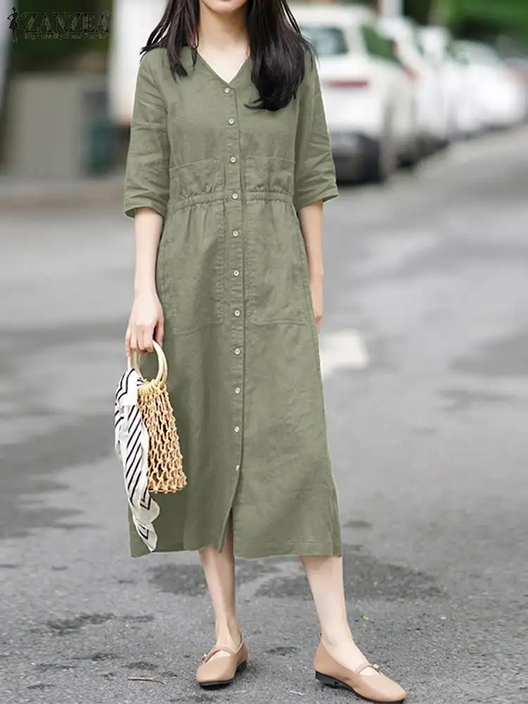 

Винтажный Свободный Повседневный Однотонный сарафан ZANZEA с эластичным поясом, женское платье с V-образным вырезом и рукавом до локтя, на пуговицах, женское платье миди