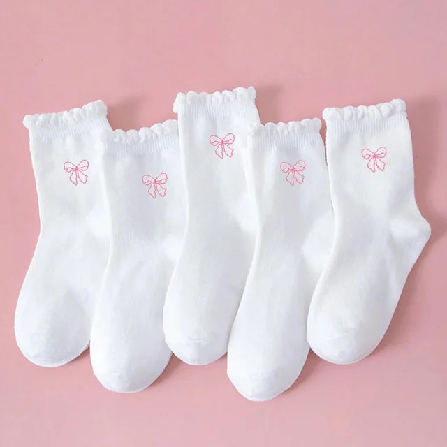 5Pairs Girls/Kids' Athletic Ruffle Socks, Adorable Bow Design, Fashion , Soft & Breathable Sports/Casual Mid-Calf Socks, Suitabl 1