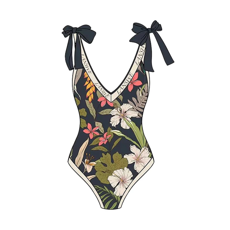 Women Swimsuits One-Piece Swimwear Deep V Bikini Print Floral Bodysuit Cover-Up Swimwear Bathing Suit Backless Swimsuit