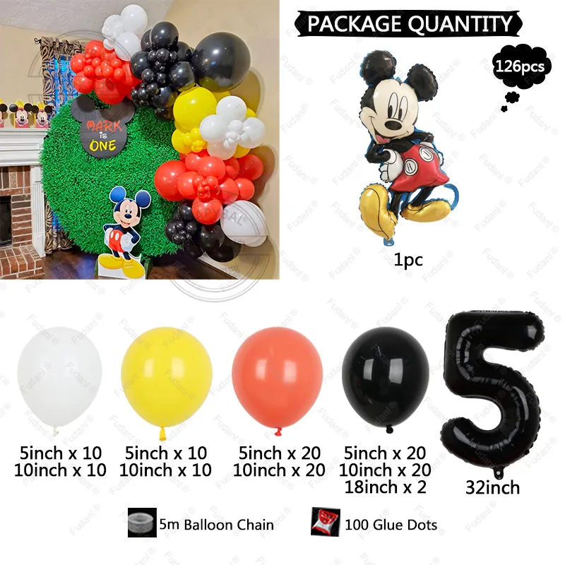 126PCS Disney Mickey Mouse Party Foil Balloons Garland Set Kit Red Black Yellow Latex Balloon 1-9 Kids Boys Birthday Party Decor